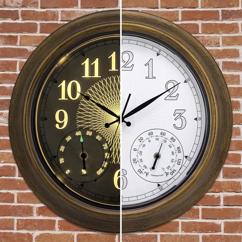 NESIFEE 18 Inch Outdoor Clocks Waterproof for Patio with Thermometer Hygrometer Combo Large Clocks with Smart Sensor Lighted Metal Wall Clocks Battery Operated for Pool Garden Indoor Decorative - Image 1